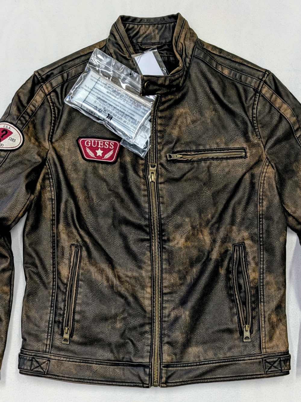 GUESS Men's Brown Distressed Faux Leather Jacket